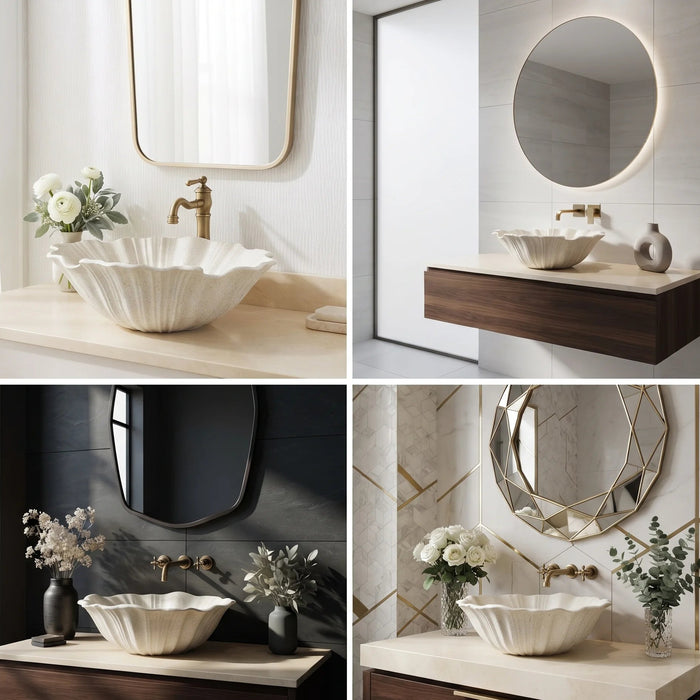 White seashell design table top wash basin 470x390x170 mm featuring elegant scalloped wavy edges, vertically ribbed shell texture and natural speckled finish, luxury designer countertop bathroom sink for modern bathrooms.