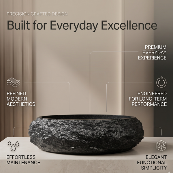 Black Artificial Stone Oval Table Top Wash Basin – 24 × 16 × 6 Inch | Natural Rock Texture Designer Countertop Basin