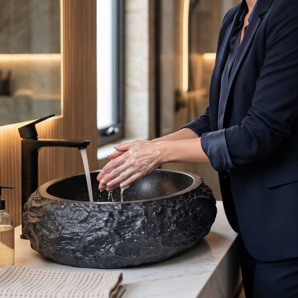 Black Artificial Stone Oval Table Top Wash Basin – 24 × 16 × 6 Inch | Natural Rock Texture Designer Countertop Basin