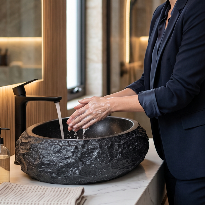 Black artificial stone oval table top wash basin 600x400x150 mm with rough natural rock textured exterior and smooth black interior, luxury designer countertop bathroom sink with modern styling and product dimensions.