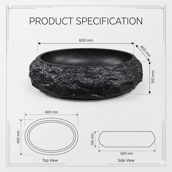 Black Artificial Stone Oval Table Top Wash Basin – 24 × 16 × 6 Inch | Natural Rock Texture Designer Countertop Basin