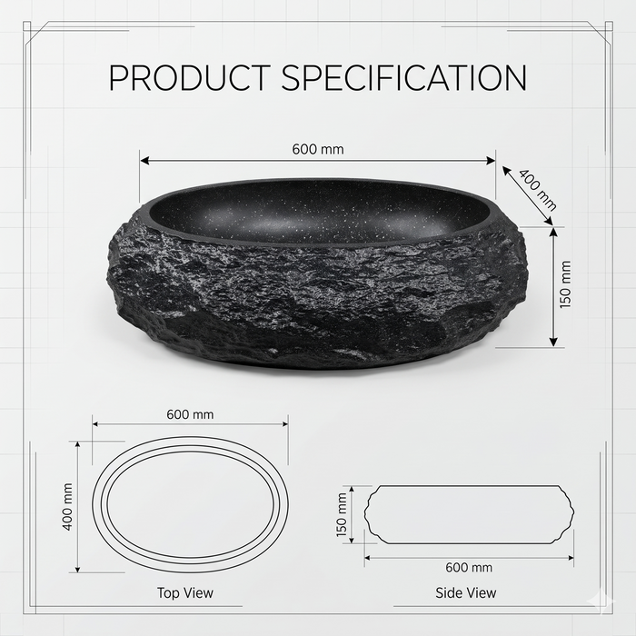Black artificial stone oval table top wash basin 600x400x150 mm with rough natural rock textured exterior and smooth black interior, luxury designer countertop bathroom sink with modern styling and product dimensions.