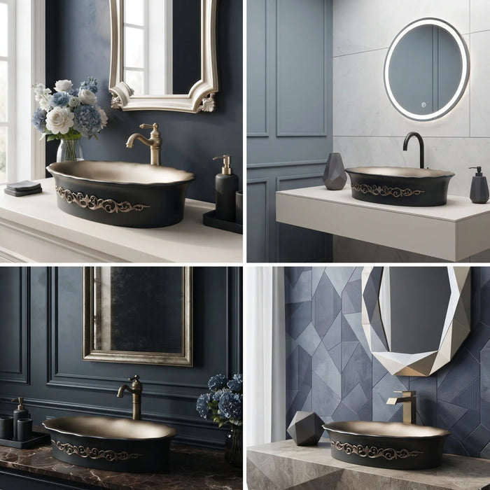 Black and champagne gold royal floral oval table top wash basin 580x370x150 mm featuring matte black exterior, metallic gold interior, antique gold ornamental scrollwork and scalloped rim for luxury bathroom countertops.