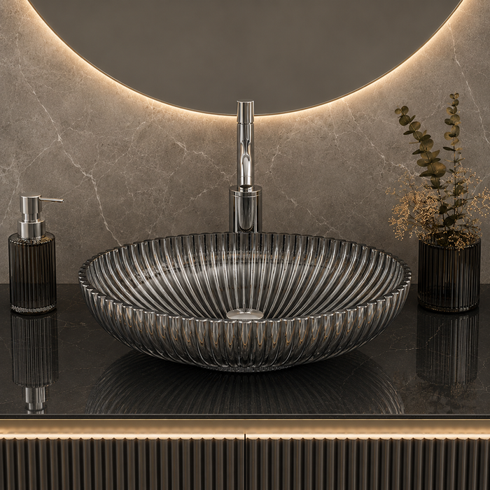 Premium Black Glass Table Top Wash Basin, Transparent Finish (530x350x150 MM) Black