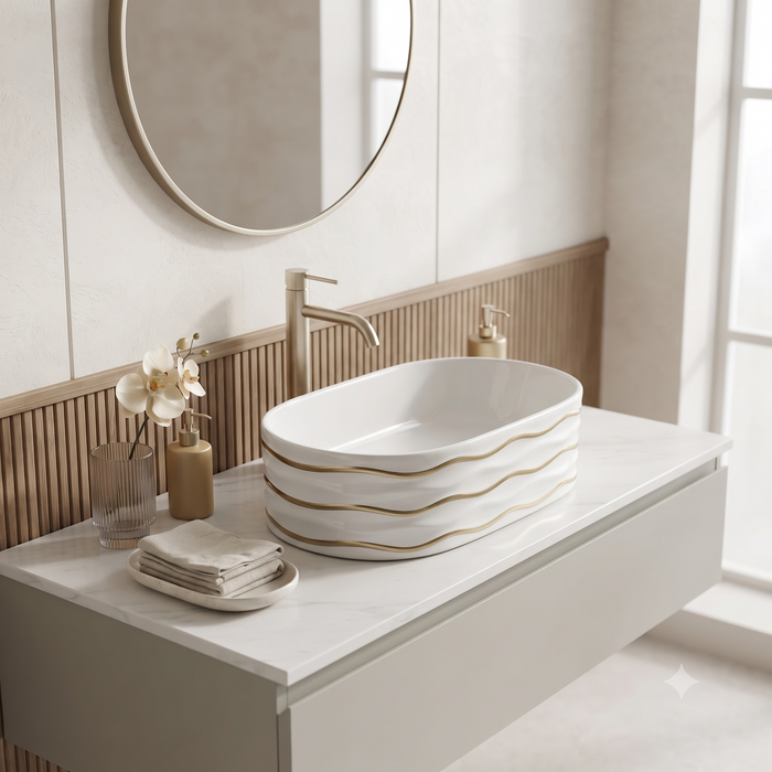 White Ceramic Table Top Wash Basin with Gold Wave Design – Glossy Oval Designer Countertop Basin for Modern Bathrooms | 20x12x6 Inch