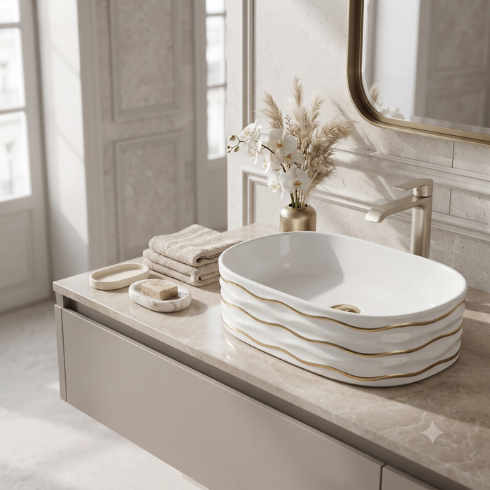 White Ceramic Table Top Wash Basin with Gold Wave Design – Glossy Oval Designer Countertop Basin for Modern Bathrooms | 20x12x6 Inch