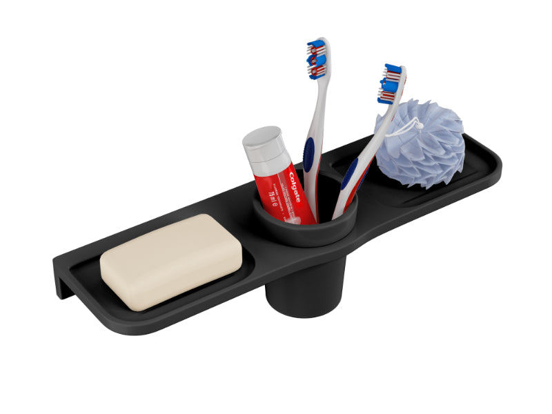 BASSINO Modern Double Soap Dish With Tumbler Holder-Glossy Black