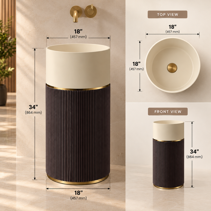 18x18x34 inch luxury freestanding pedestal wash basin with matte beige round bowl, dark brown fluted base, and elegant gold accents for modern bathrooms.
