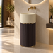 18x18x34 inch luxury freestanding pedestal wash basin with matte beige round bowl, dark brown fluted base, and elegant gold accents for modern bathrooms.