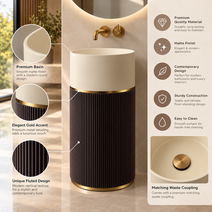18x18x34 inch luxury freestanding pedestal wash basin with matte beige round bowl, dark brown fluted base, and elegant gold accents for modern bathrooms.
