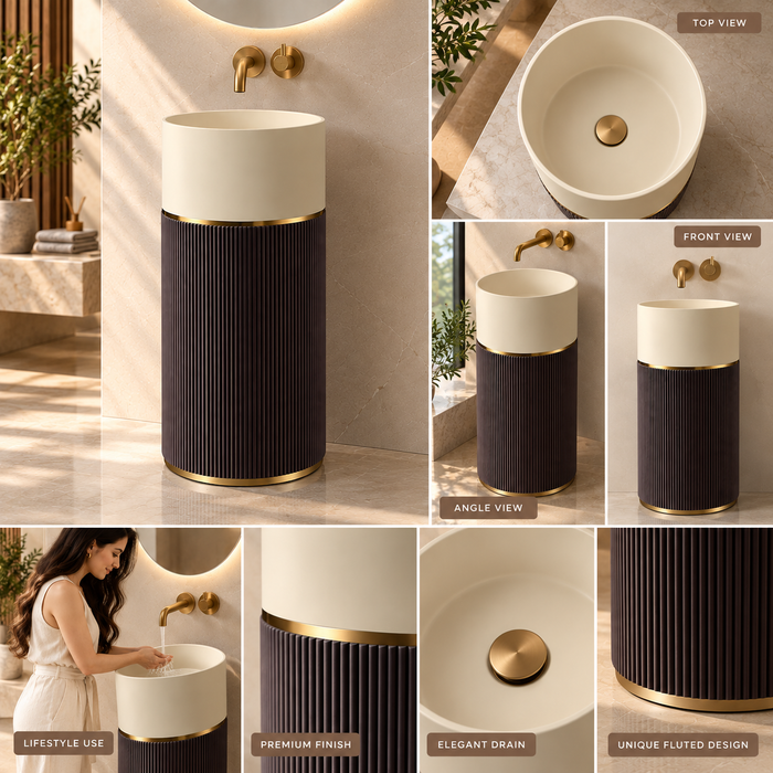 18x18x34 inch luxury freestanding pedestal wash basin with matte beige round bowl, dark brown fluted base, and elegant gold accents for modern bathrooms.