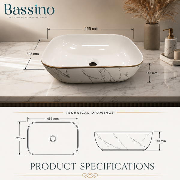 Bassino Marble Finish Table Top Wash Basin | Premium Countertop Ceramic Bathroom Sink | White Basin with Gold Rim 18 x 13 x 5 Inch