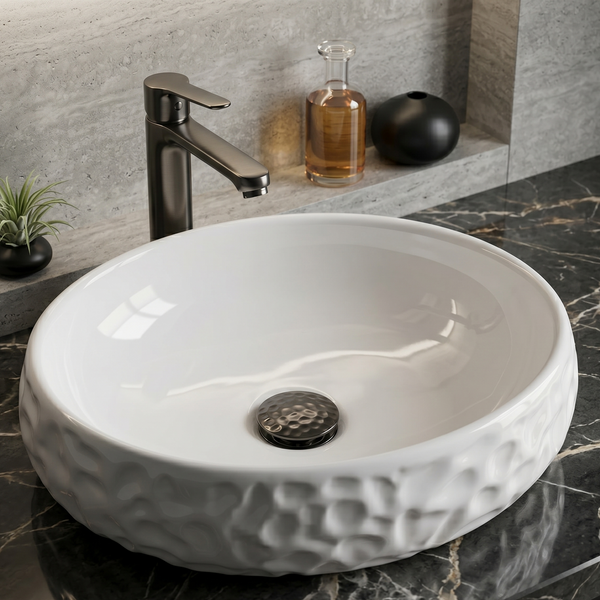 Bassino Textured Oval Countertop Wash Basin (19" x 13" x 5.5") – Modern Ceramic Sink with Sculpted Exterior Design