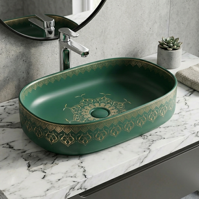 Designer Ceramic Wash Basin Moroccan design | 21 x 14 x 6 In | Green