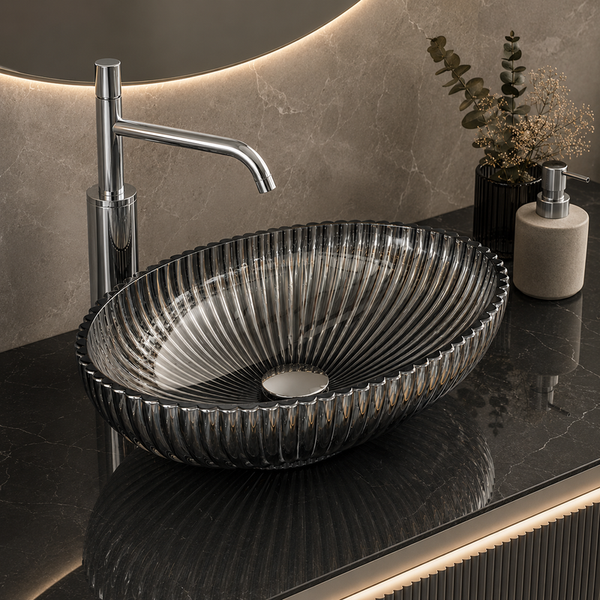 Premium Black Glass Table Top Wash Basin, Transparent Finish (530x350x150 MM) Black