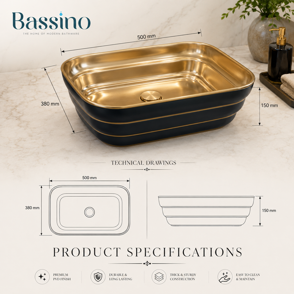 Luxury Rectangular Table Top Wash Basin | Matte Black & Gold Designer Finish (20″ × 15″ × 6″ IN)