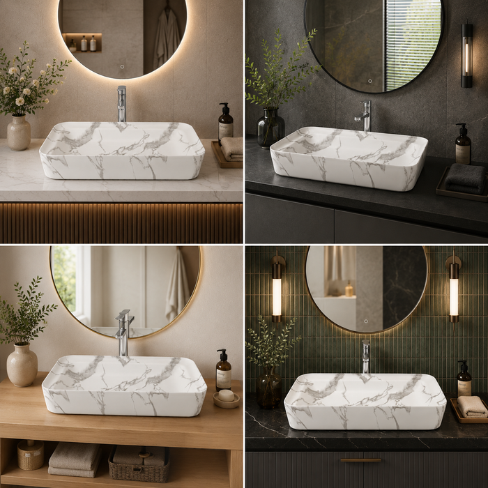 Luxury Matt Marble Countertop Wash Basin | Designer Rectangular Table Top Basin |  (30" × 16" × 6" IN) White
