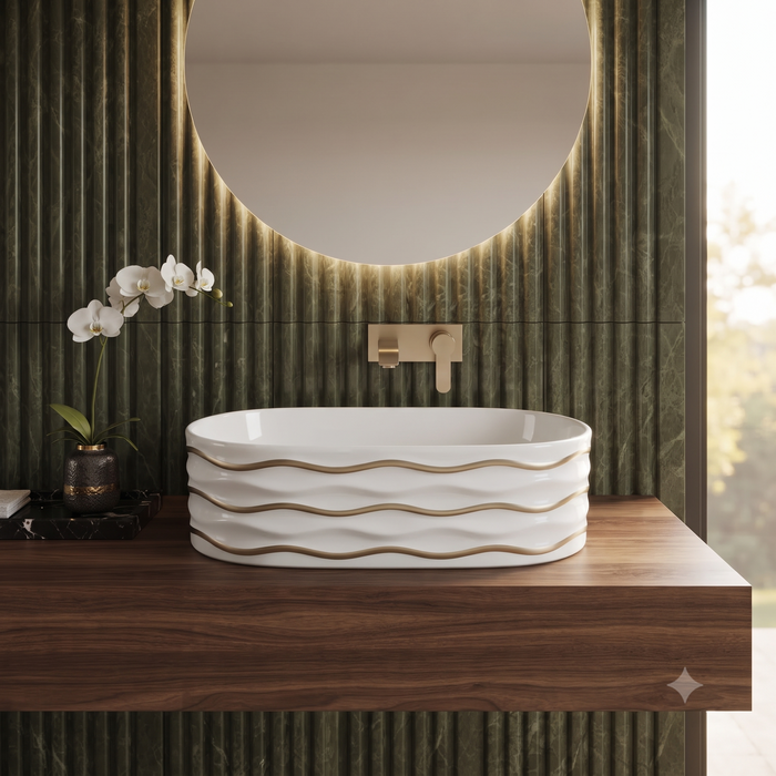 White Ceramic Table Top Wash Basin with Gold Wave Design – Glossy Oval Designer Countertop Basin for Modern Bathrooms | 20x12x6 Inch