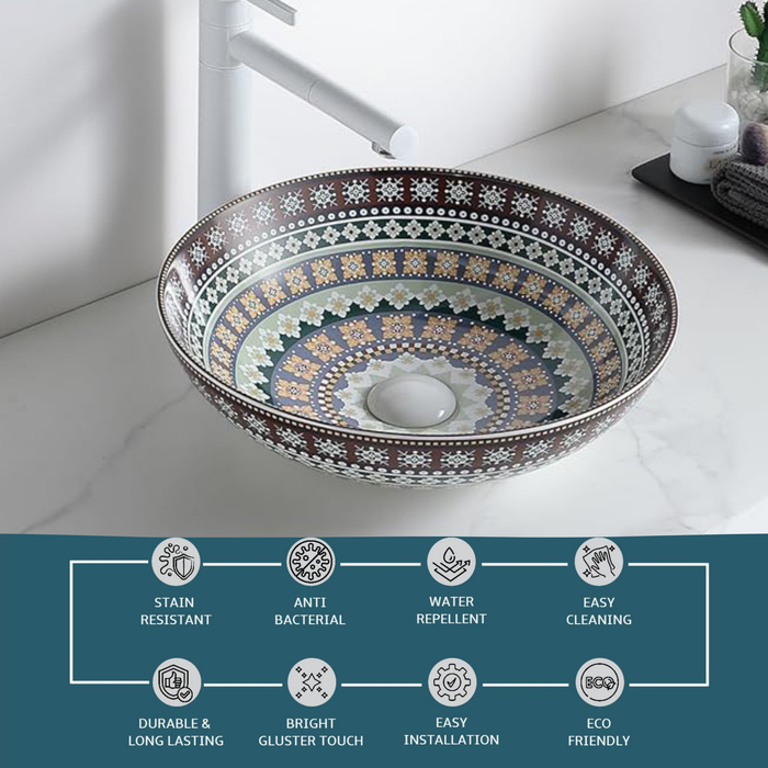 Designer Round Ceramic Countertop Basin Traditional Multicolor Pattern (16 x 16 x5 In- AB676)