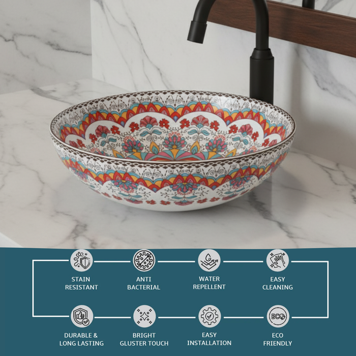 Designer Round Ceramic Countertop Basin (Multicolor Pattern  16 x 16 x 5 In- AB674)