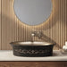 Black and champagne gold royal floral oval table top wash basin 580x370x150 mm featuring matte black exterior, metallic gold interior, antique gold ornamental scrollwork and scalloped rim for luxury bathroom countertops.