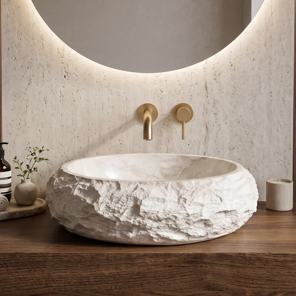 Beige Artificial Stone Oval Table Top Wash Basin – 24 × 16 × 6 Inch | Natural Rock Texture Luxury Countertop Basin