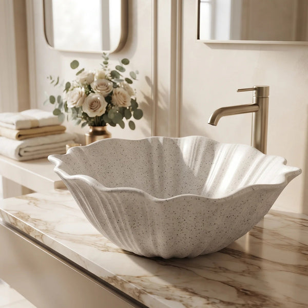 Beige Seashell Design Artificial Stone Table Top Wash Basin – 18.5 × 15.5 × 7 Inch | Luxury Designer Countertop Basin
