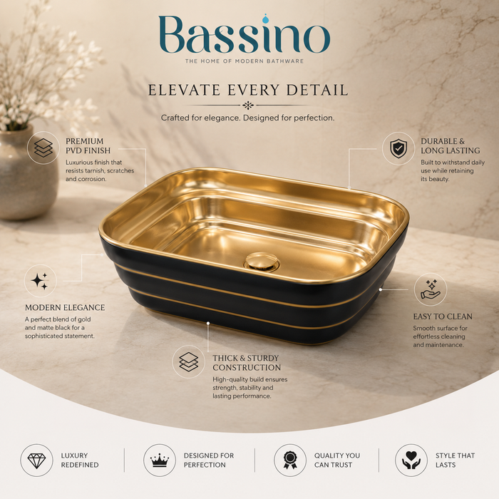 Luxury Rectangular Table Top Wash Basin | Matte Black & Gold Designer Finish (20″ × 15″ × 6″ IN)