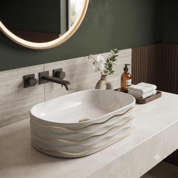 White Ceramic Table Top Wash Basin with Gold Wave Design – Glossy Oval Designer Countertop Basin for Modern Bathrooms | 20x12x6 Inch