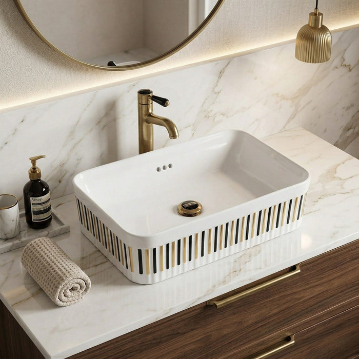 Bassino Luxury Designer Counter Top Wash Basin | Premium Rectangular Table Top Basin | Approx. 24 × 14 × 6 Inches White