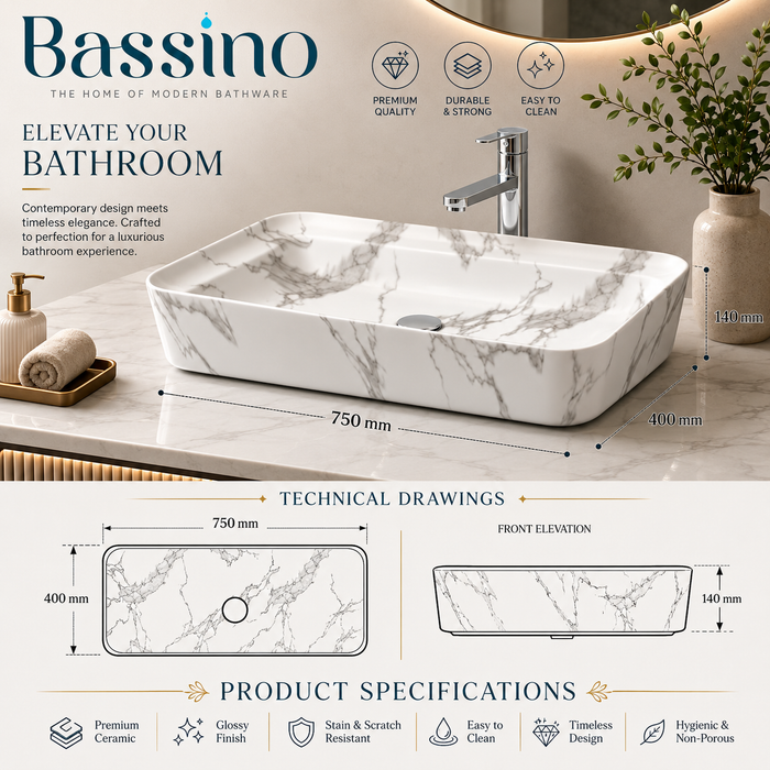 Luxury Matt Marble Countertop Wash Basin | Designer Rectangular Table Top Basin |  (30" × 16" × 6" IN) White