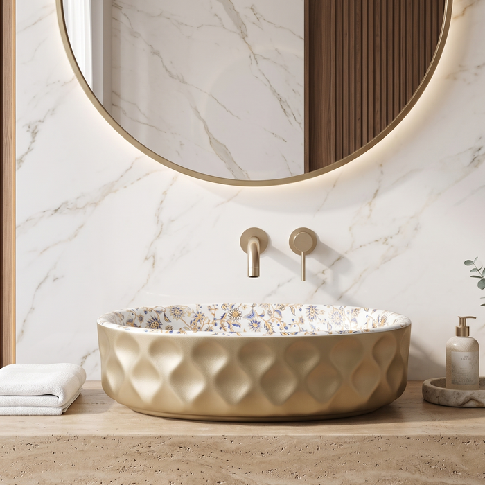 Floral Ceramic Table Top Wash Basin – Glossy Blue & Gold Floral Interior with Matte Beige Textured Exterior for Modern Bathrooms | 20x13x5.5 Inch