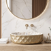 Floral Ceramic Table Top Wash Basin – Glossy Blue & Gold Floral Interior with Matte Beige Textured Exterior for Modern Bathrooms | 20x13x5.5 Inch