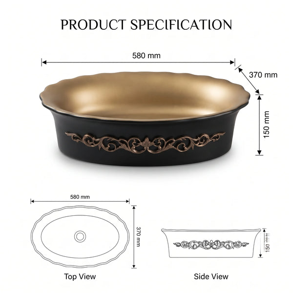 Black & Gold Royal Floral Oval Table Top Wash Basin – 23 × 14.5 × 6 Inch | Luxury Designer Countertop Basin