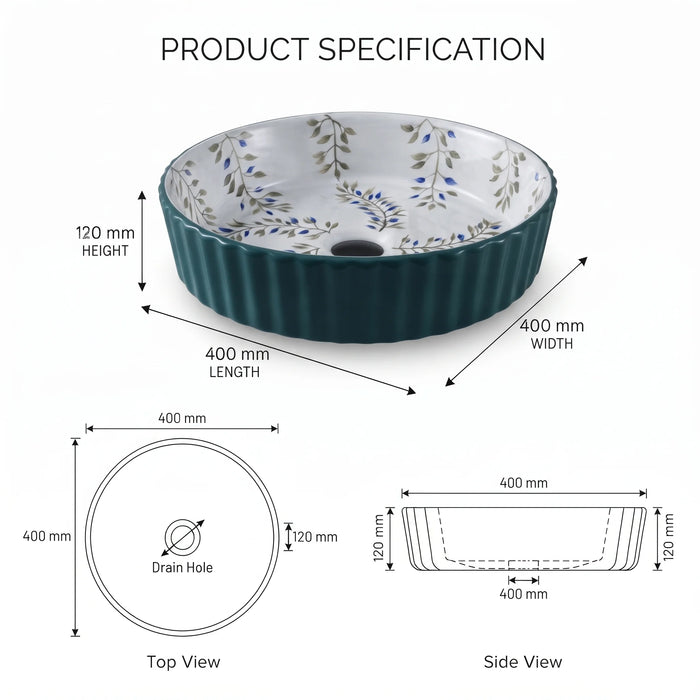 Teal green floral design round ceramic table top wash basin 400x400x120 mm featuring glossy ribbed exterior, white interior with elegant blue and olive botanical leaf patterns, luxury designer countertop bathroom sink.