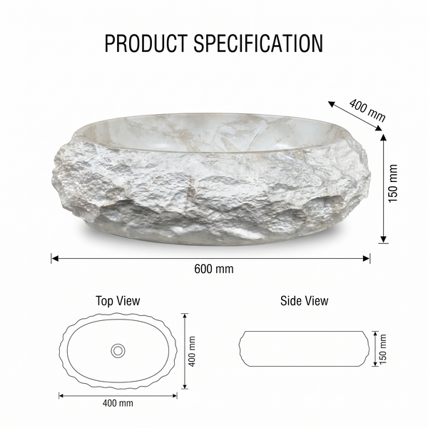 Beige Artificial Stone Oval Table Top Wash Basin – 24 × 16 × 6 Inch | Natural Rock Texture Luxury Countertop Basin