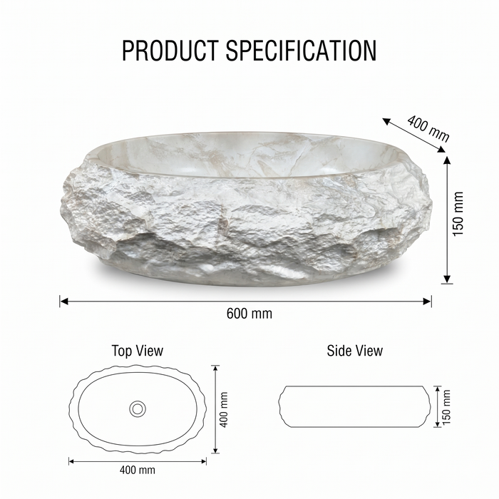White artificial stone oval table top wash basin 600x400x150 mm with natural rough rock textured exterior, smooth marble-inspired interior and subtle beige veining, luxury designer countertop bathroom sink for modern bathrooms.