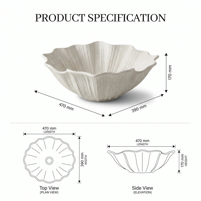 White seashell design table top wash basin 470x390x170 mm featuring elegant scalloped wavy edges, vertically ribbed shell texture and natural speckled finish, luxury designer countertop bathroom sink for modern bathrooms.