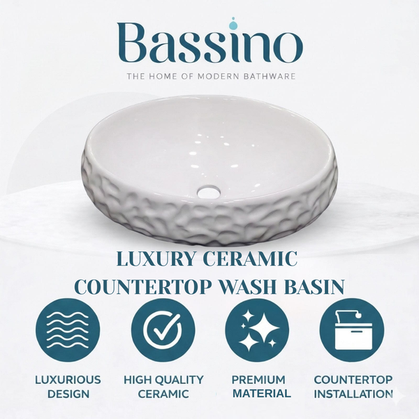 Bassino Textured Oval Countertop Wash Basin (19" x 13" x 5.5") – Modern Ceramic Sink with Sculpted Exterior Design
