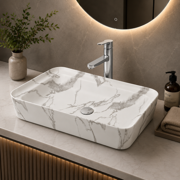 Luxury Matt Marble Countertop Wash Basin | Designer Rectangular Table Top Basin |  (30" × 16" × 6" IN) White