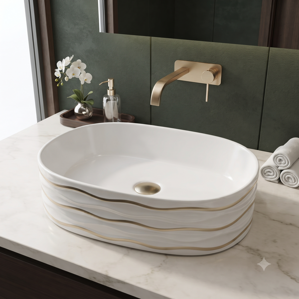 White Ceramic Table Top Wash Basin with Gold Wave Design – Glossy Oval Designer Countertop Basin for Modern Bathrooms | 20x12x6 Inch