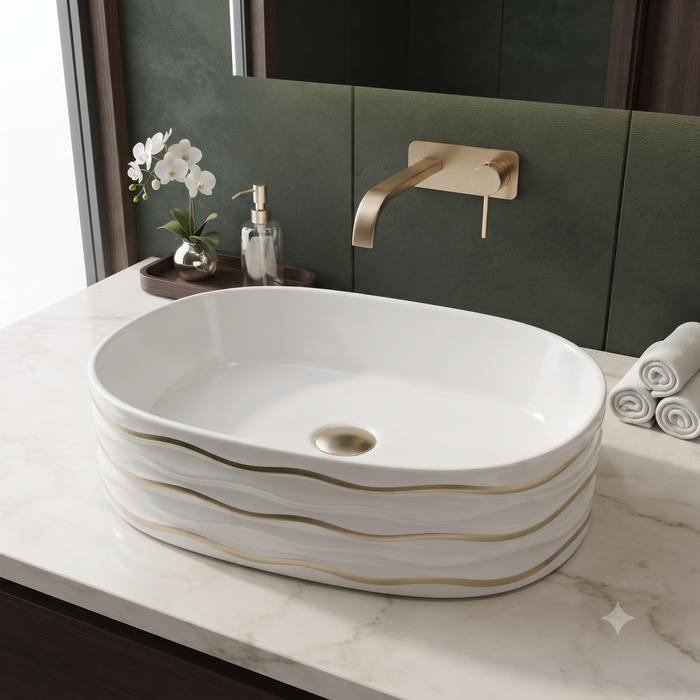 White Ceramic Table Top Wash Basin with Gold Wave Design – Glossy Oval Designer Countertop Basin for Modern Bathrooms | 20x12x6 Inch