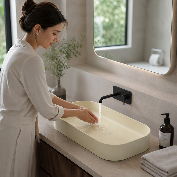 Bassino Modern Melamine Wash Basin | Stylish Countertop Wash Basin for Bathroom–32x14x5 INCH Beige