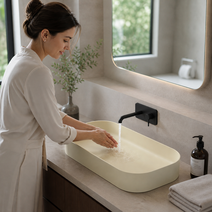 Bassino Modern Melamine Wash Basin | Stylish Countertop Wash Basin for Bathroom–32x14x5 INCH Beige