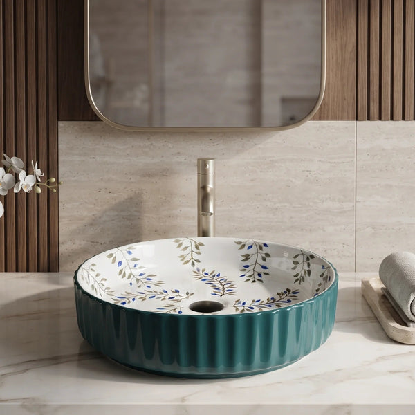 Teal Green Floral Design Ceramic Table Top Wash Basin – 16 × 16 × 5 Inch | Luxury Round Countertop Basin