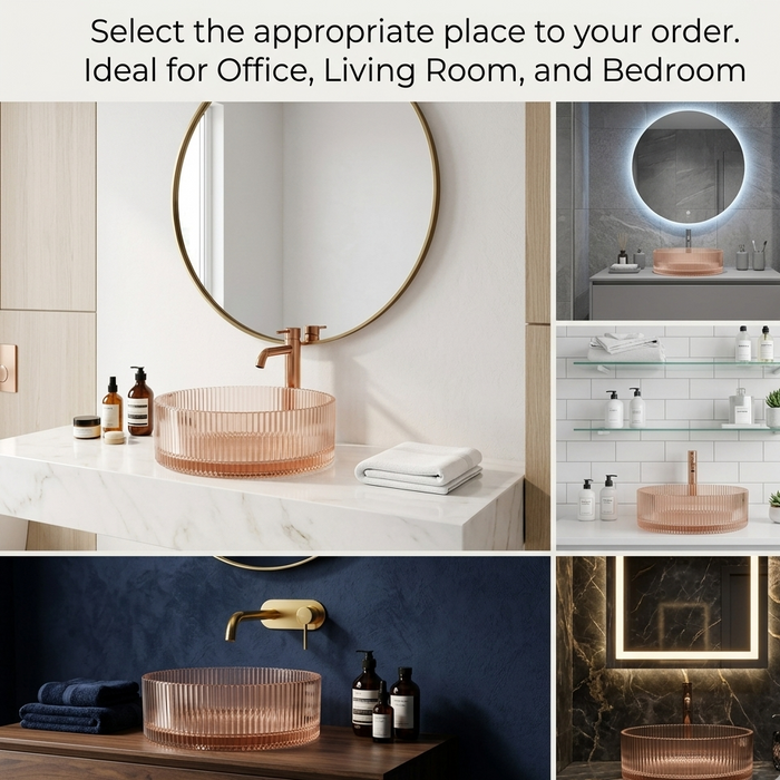 Bassino Modern Transparent Glass Wash Basin | Stylish Countertop Wash Basin for Bathroom–395x395x160 mm Rose gold
