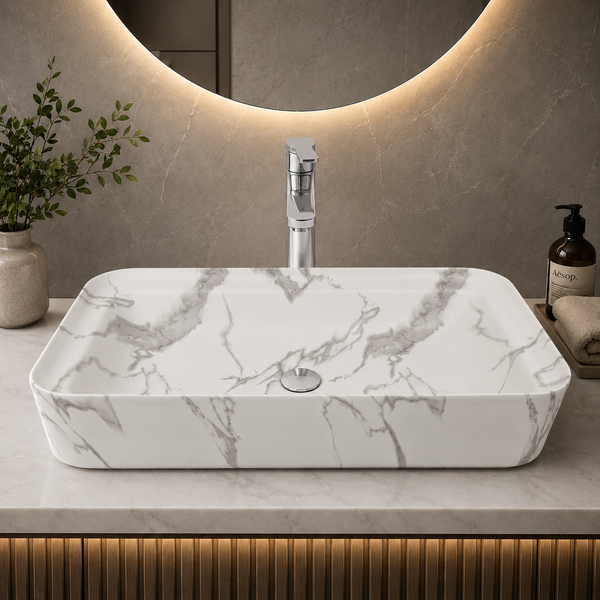 Luxury Matt Marble Countertop Wash Basin | Designer Rectangular Table Top Basin |  (30" × 16" × 6" IN) White