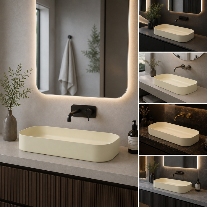 Bassino Modern Melamine Wash Basin | Stylish Countertop Wash Basin for Bathroom–32x14x5 INCH Beige