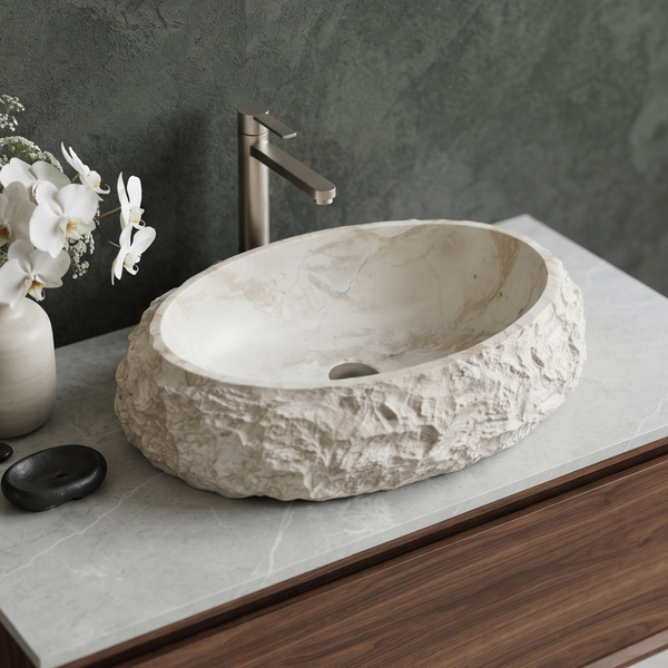 Beige Artificial Stone Oval Table Top Wash Basin – 24 × 16 × 6 Inch | Natural Rock Texture Luxury Countertop Basin