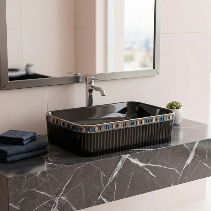 Bassino Luxury Designer Counter Top Wash Basin | Premium Rectangular Table Top Basin | Approx. 24 × 14 × 6 Inches Black